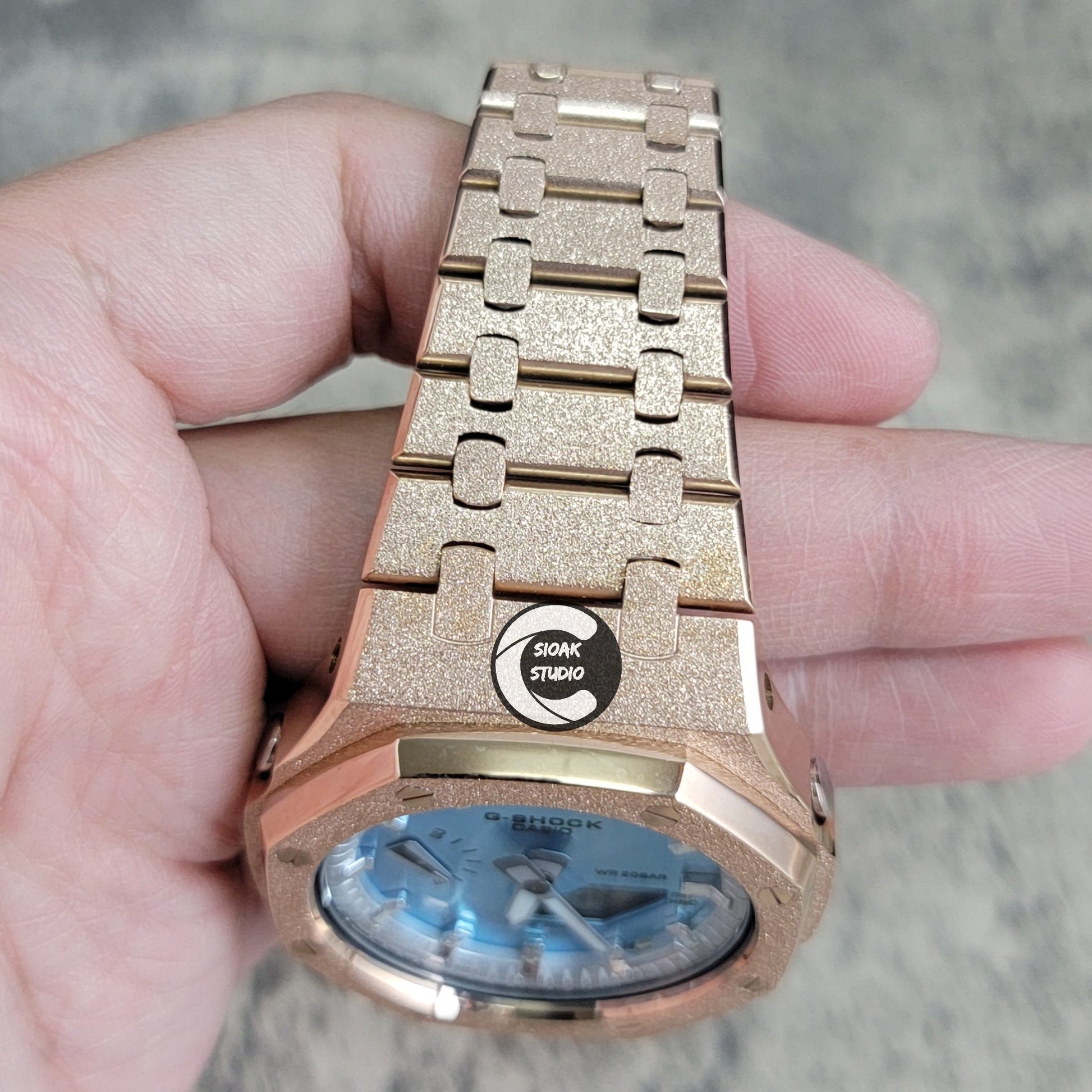 Casioak Mod Watch Frosted Rose Gold Case Metal Strap Silver Time Mark Ice Blue Dial 44mm- Casioak Mod Casio G-Shock Royal Oak Custom Mens Luxury Watches Ga2100