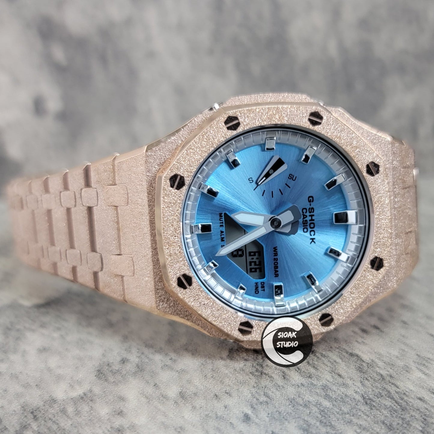 Casioak Mod Watch Frosted Rose Gold Case Metal Strap Silver Time Mark Ice Blue Dial 44mm- Casioak Mod Casio G-Shock Royal Oak Custom Mens Luxury Watches Ga2100