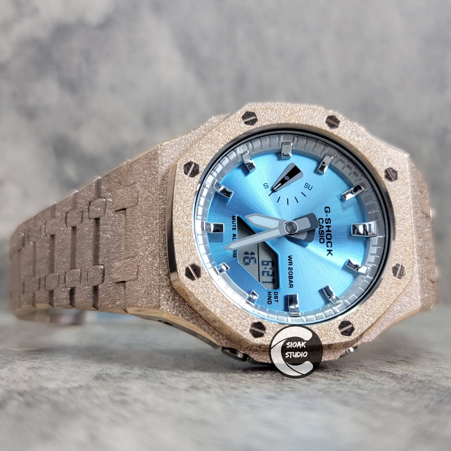 Casioak Mod Watch Frosted Rose Gold Case Metal Strap Silver Time Mark Ice Blue Dial 44mm- Casioak Mod Casio G-Shock Royal Oak Custom Mens Luxury Watches Ga2100