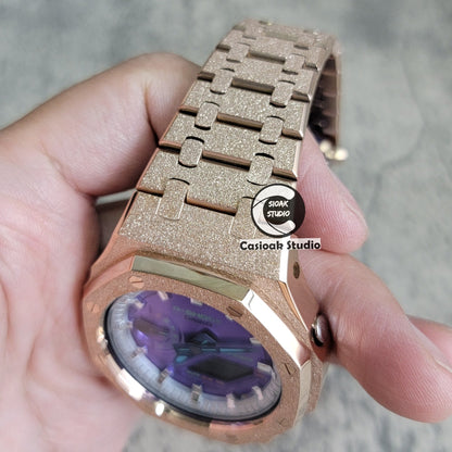 Casioak Mod Watch Frosted Rose Gold Case Metal Strap Silver Time Mark Purple Dial 44mm- Casioak Mod Casio G-Shock Royal Oak Custom Mens Luxury Watches Ga2100