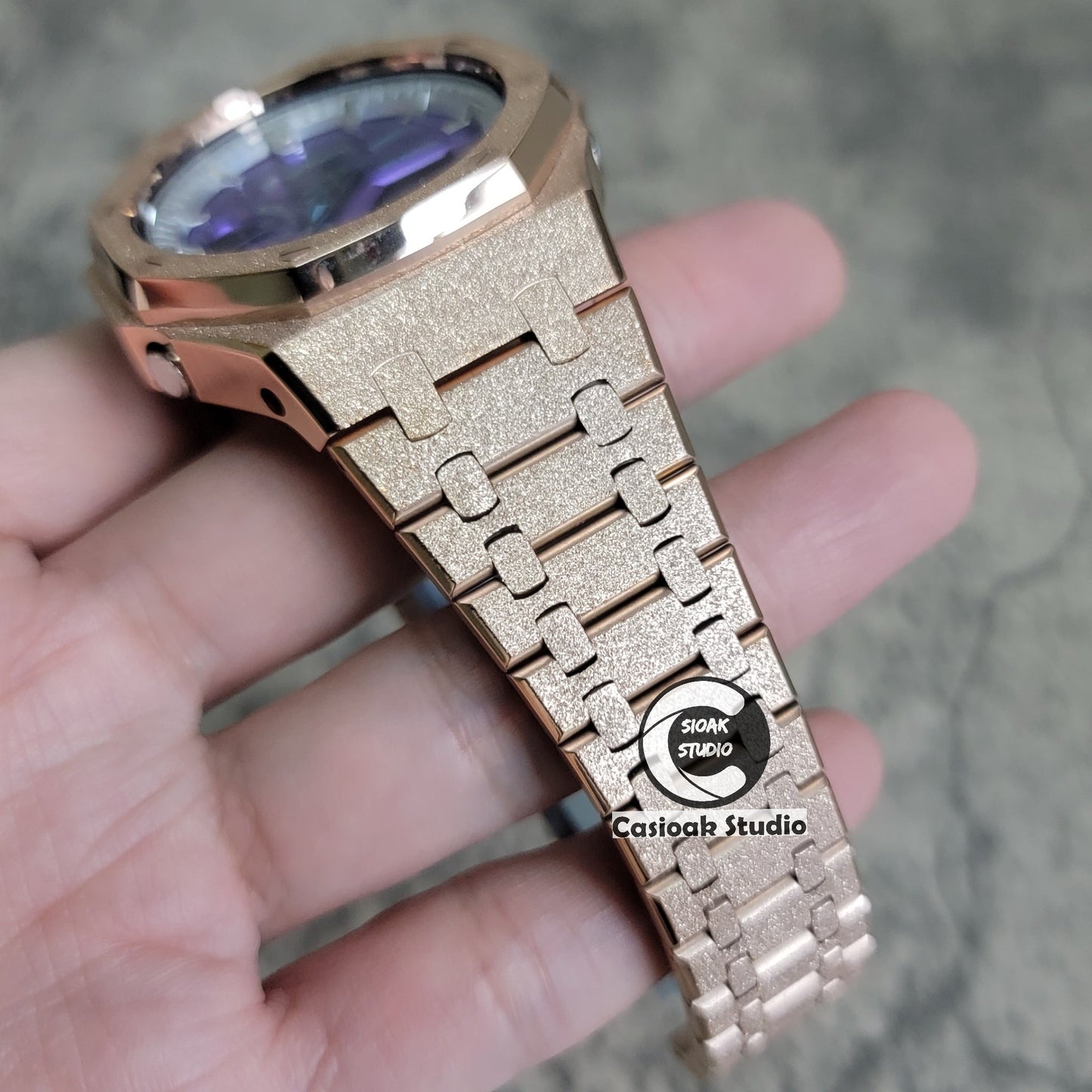 Casioak Mod Watch Frosted Rose Gold Case Metal Strap Silver Time Mark Purple Dial 44mm- Casioak Mod Casio G-Shock Royal Oak Custom Mens Luxury Watches Ga2100