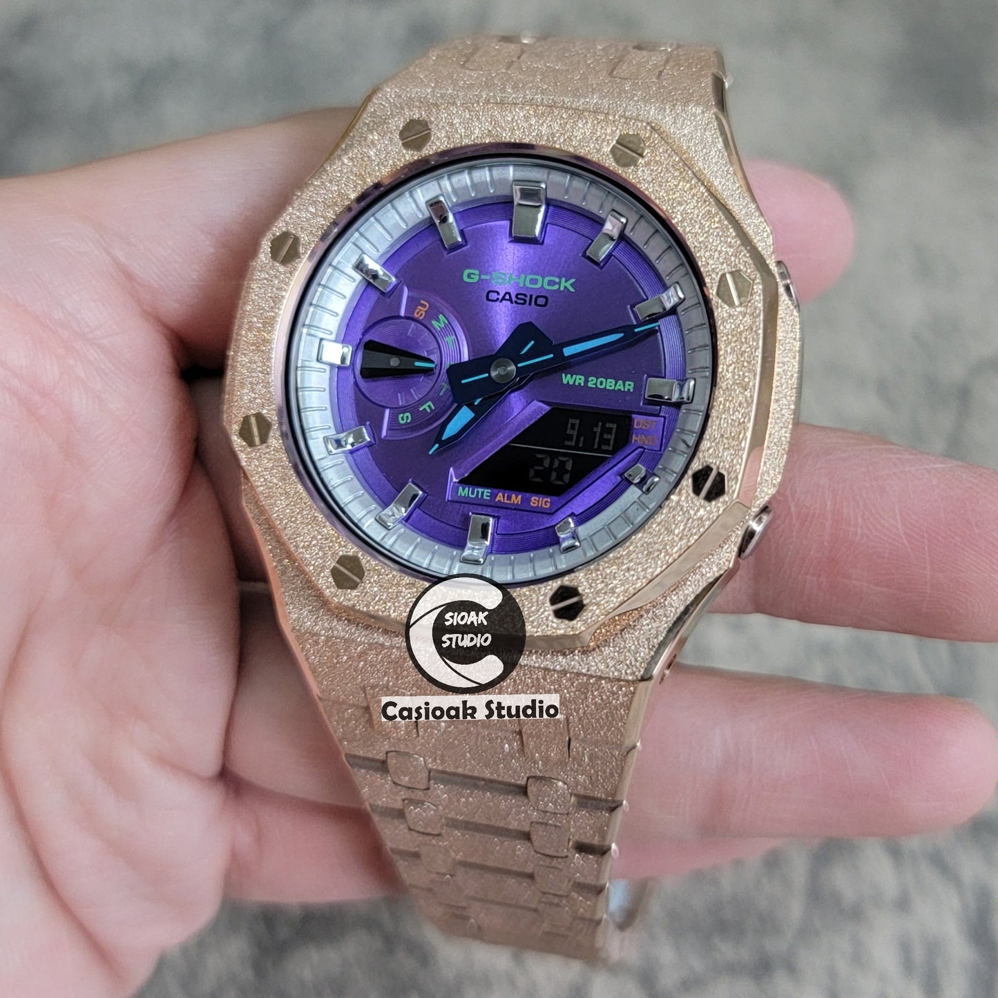 Casioak Mod Watch Frosted Rose Gold Case Metal Strap Silver Time Mark Purple Dial 44mm- Casioak Mod Casio G-Shock Royal Oak Custom Mens Luxury Watches Ga2100