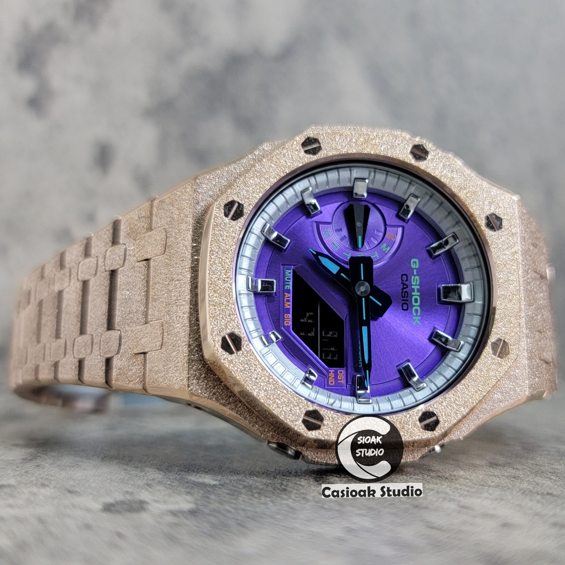 Casioak Mod Watch Frosted Rose Gold Case Metal Strap Silver Time Mark Purple Dial 44mm- Casioak Mod Casio G-Shock Royal Oak Custom Mens Luxury Watches Ga2100