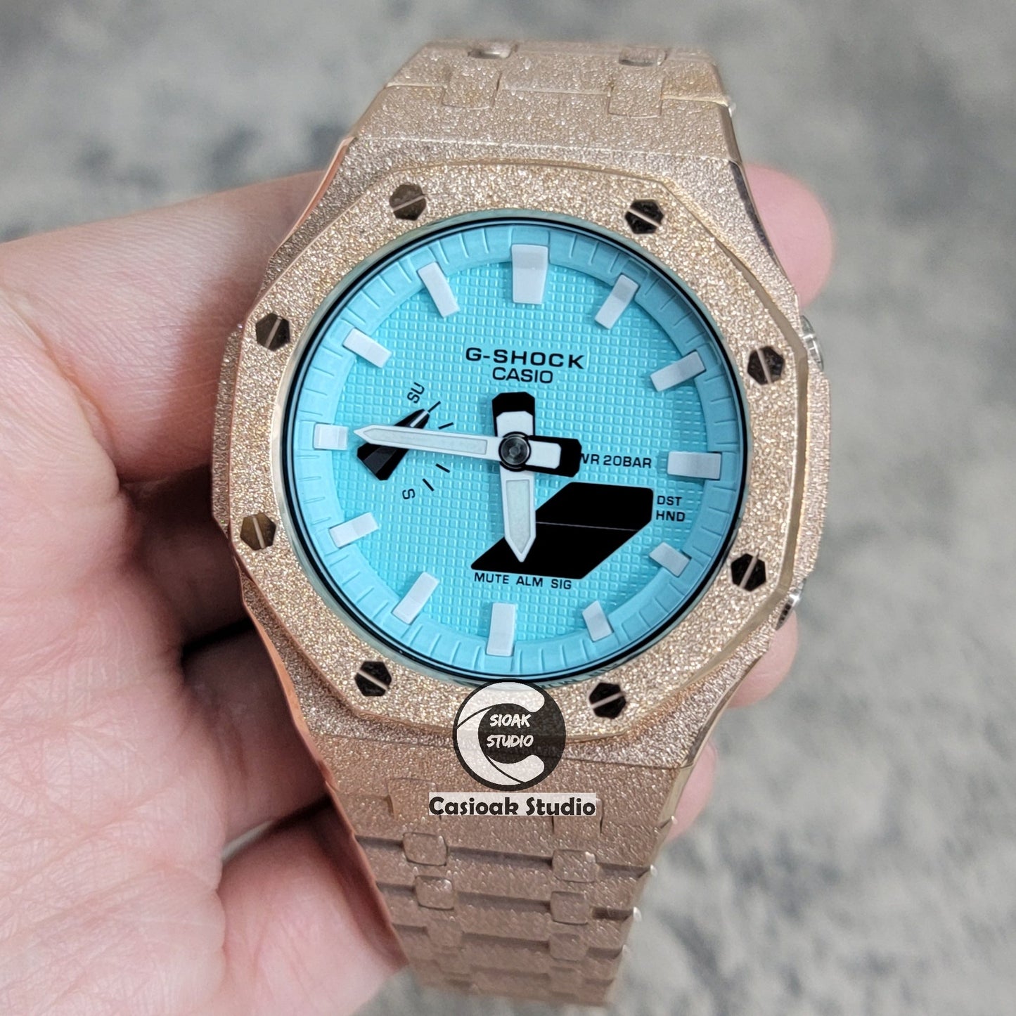 Casioak Mod Watch Frosted Rose Gold Case Metal Strap Tiff White Time Mark Tiff Blue Dial 44mm- Casioak Mod Casio G-Shock Royal Oak Custom Mens Luxury Watches Ga2100