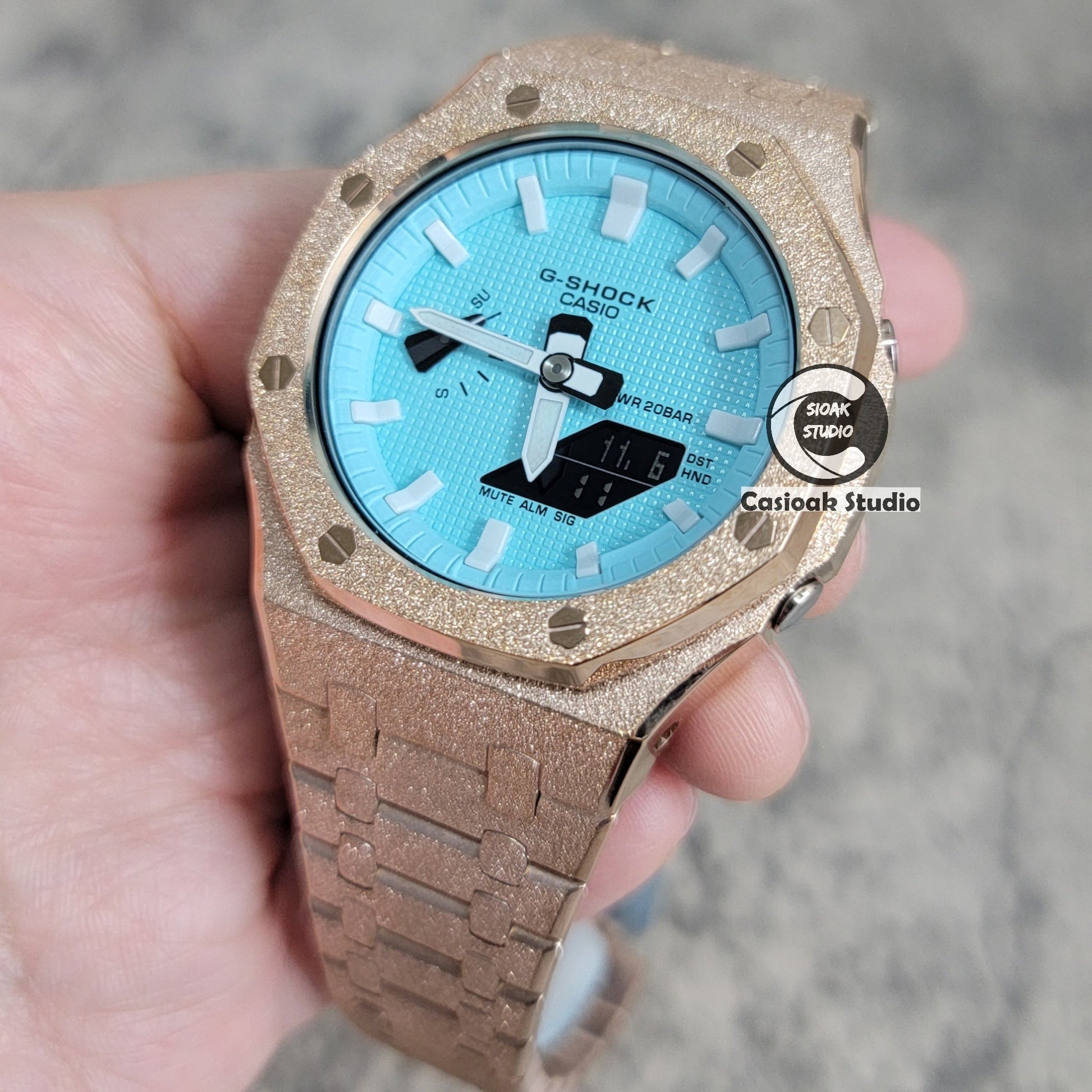 Casioak Mod Watch Frosted Rose Gold Case Metal Strap Tiff White Time Mark Tiff Blue Dial 44mm- Casioak Mod Casio G-Shock Royal Oak Custom Mens Luxury Watches Ga2100