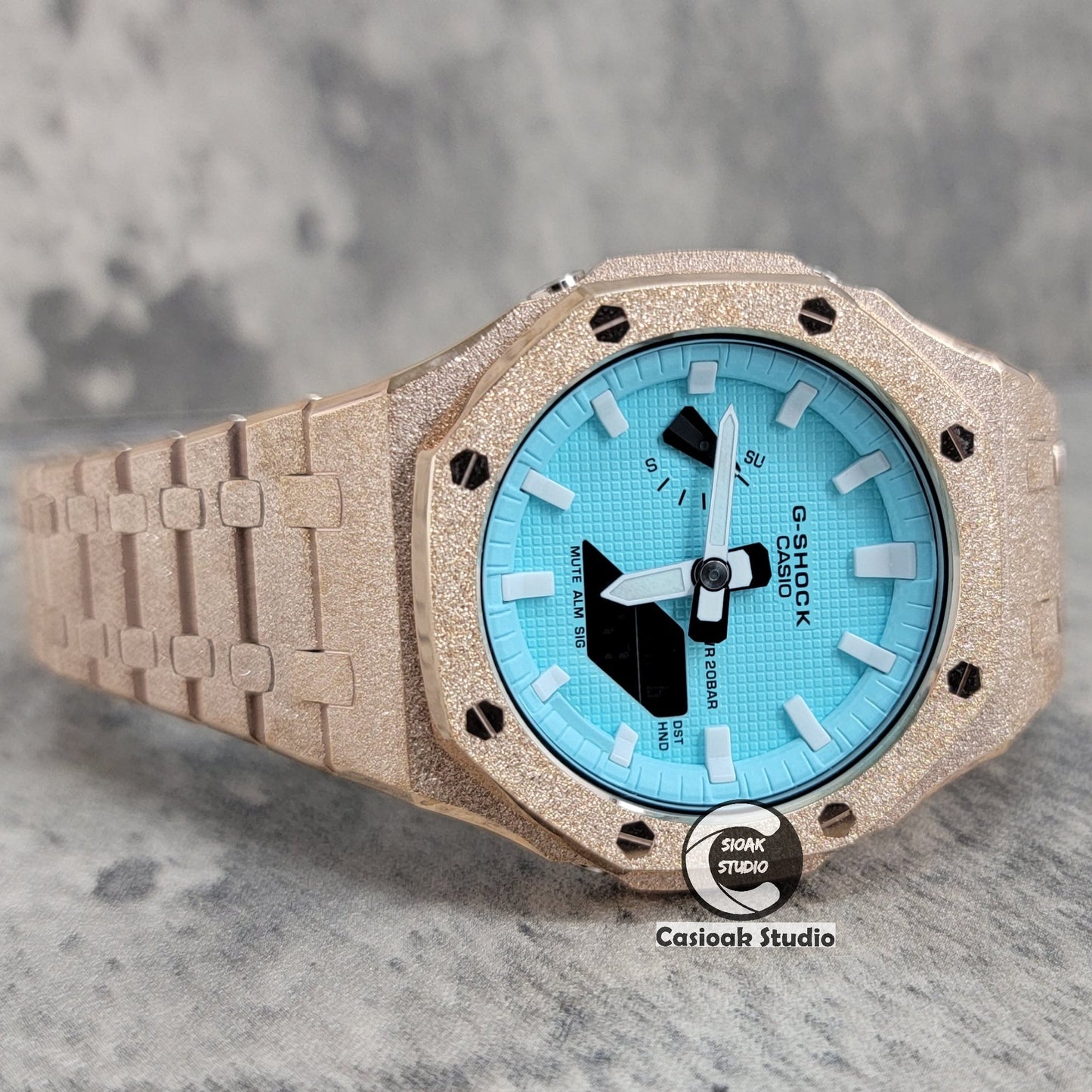 Casioak Mod Watch Frosted Rose Gold Case Metal Strap Tiff White Time Mark Tiff Blue Dial 44mm- Casioak Mod Casio G-Shock Royal Oak Custom Mens Luxury Watches Ga2100