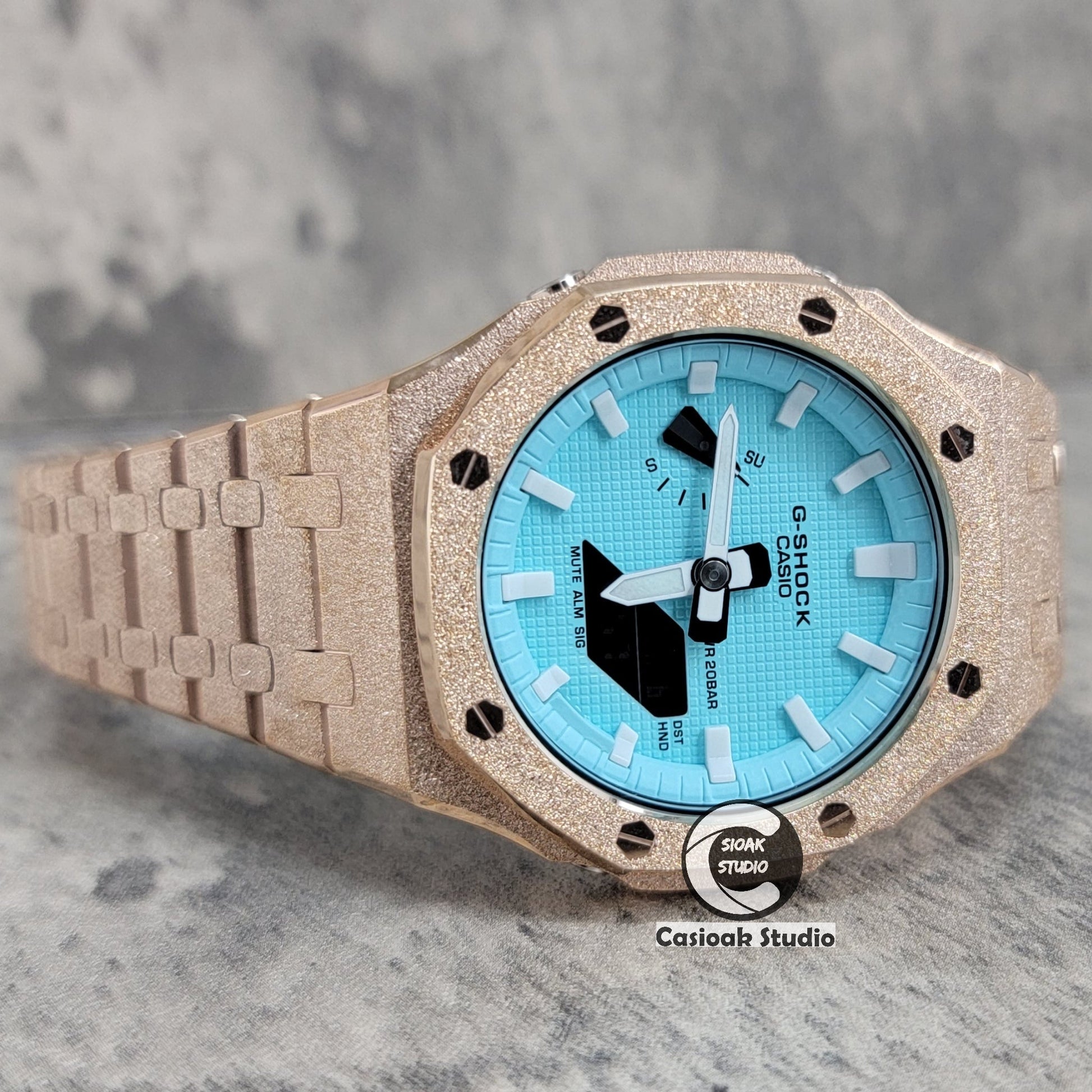 Casioak Mod Watch Frosted Rose Gold Case Metal Strap Tiff White Time Mark Tiff Blue Dial 44mm- Casioak Mod Casio G-Shock Royal Oak Custom Mens Luxury Watches Ga2100