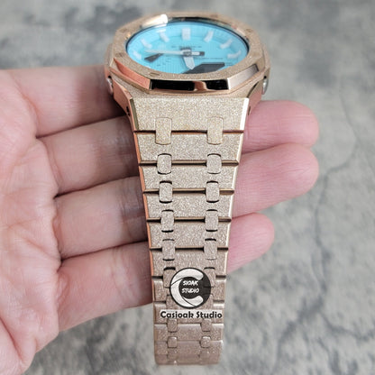 Casioak Mod Watch Frosted Rose Gold Case Metal Strap Tiff White Time Mark Tiff Blue Dial 44mm- Casioak Mod Casio G-Shock Royal Oak Custom Mens Luxury Watches Ga2100