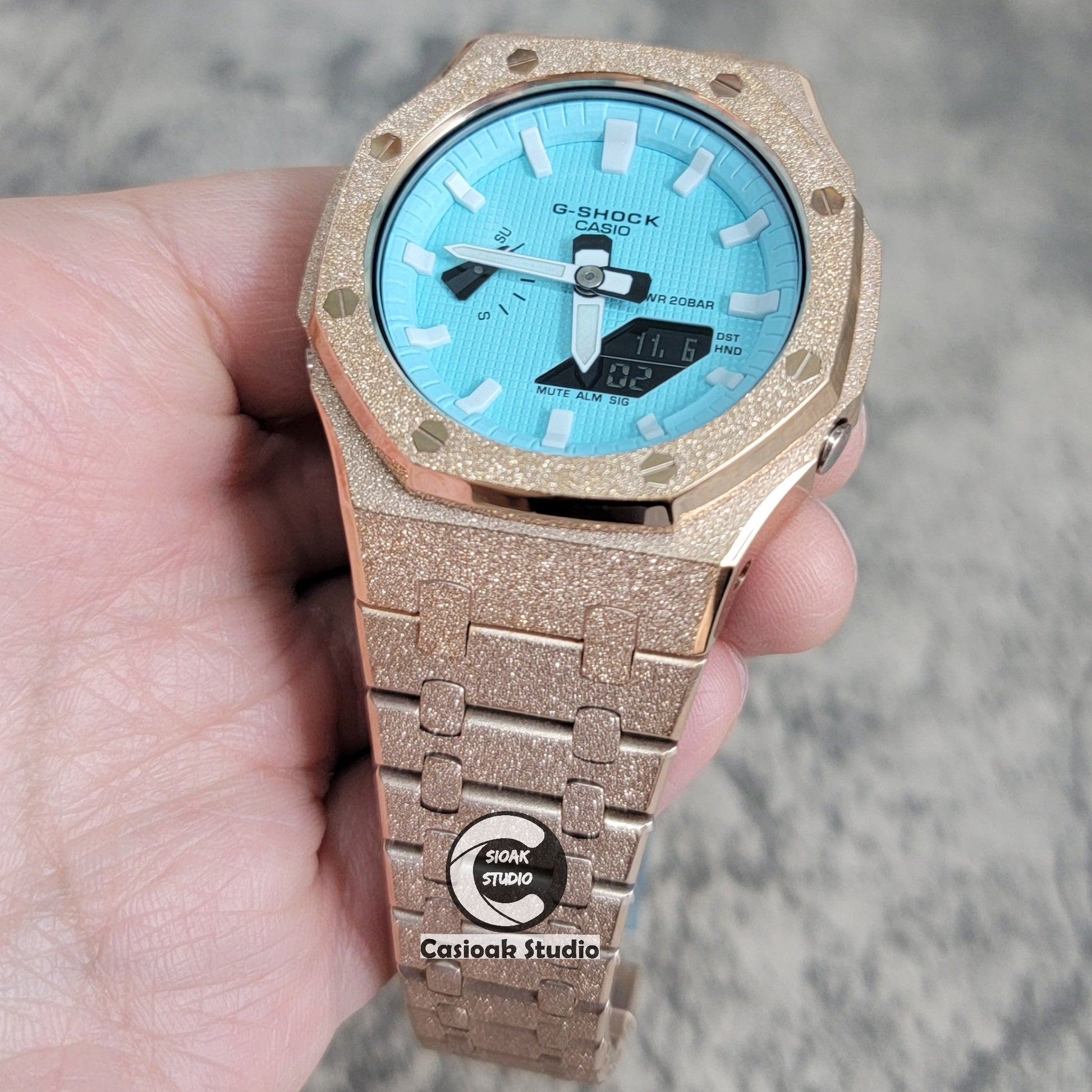 Casioak Mod Watch Frosted Rose Gold Case Metal Strap Tiff White Time Mark Tiff Blue Dial 44mm- Casioak Mod Casio G-Shock Royal Oak Custom Mens Luxury Watches Ga2100