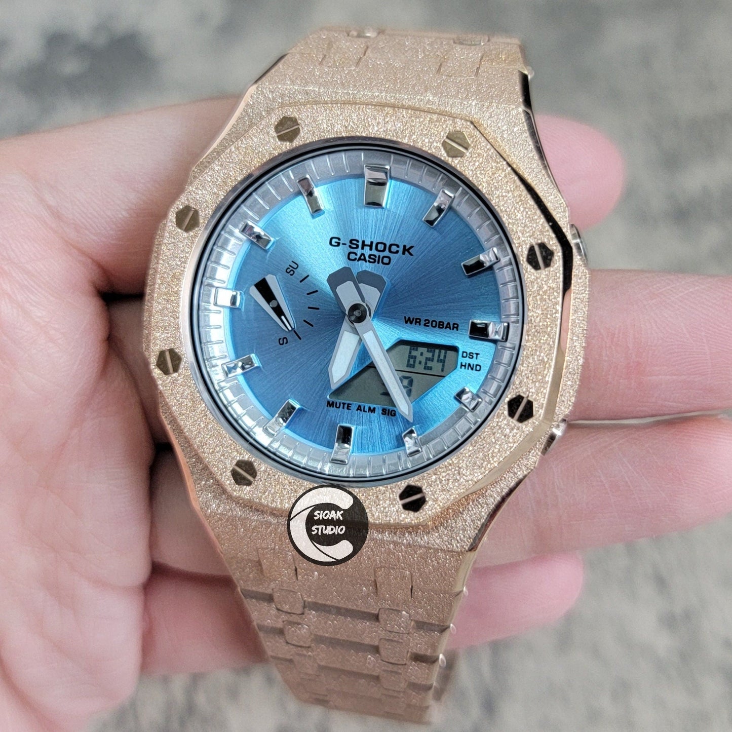 Casioak Mod Watch Frosted Rosegold Case Metal Strap Silver Time Mark Metallic Blue Dial 44mm Gift- Casioak Mod Casio G-Shock Royal Oak Custom Mens Luxury Watches Ga2100