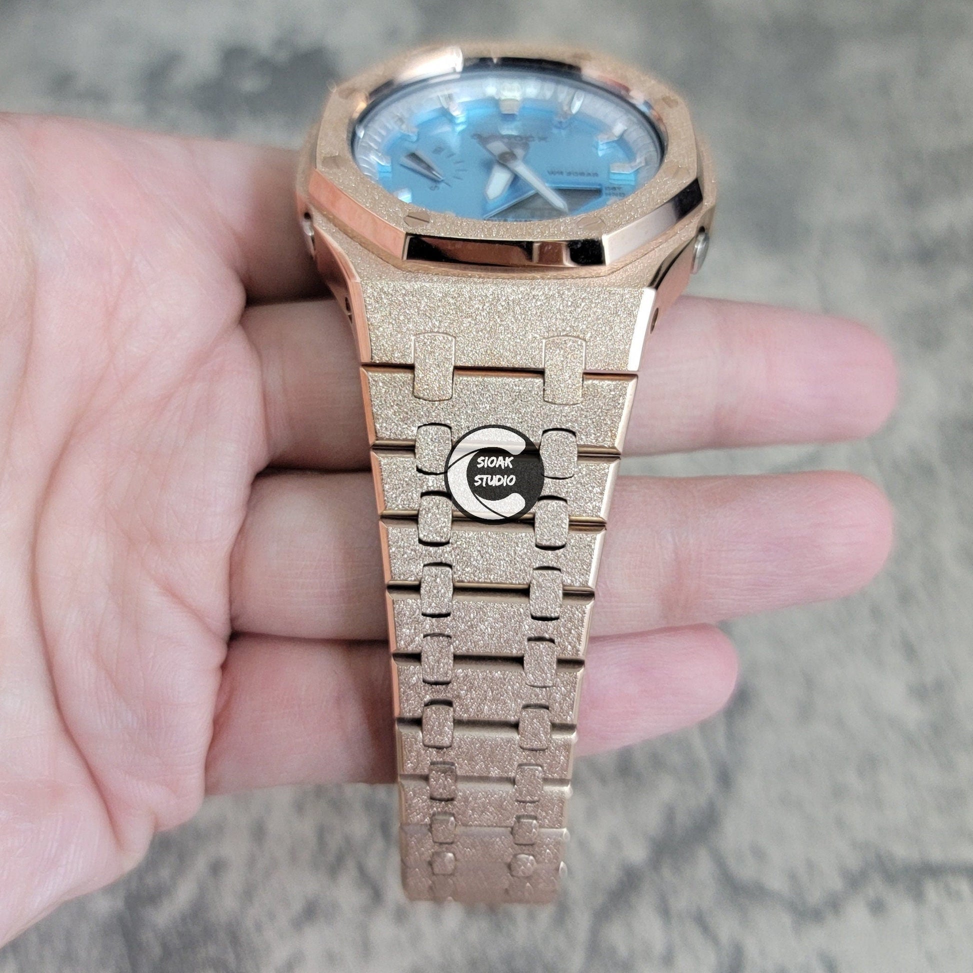 Casioak Mod Watch Frosted Rosegold Case Metal Strap Silver Time Mark Metallic Blue Dial 44mm Gift- Casioak Mod Casio G-Shock Royal Oak Custom Mens Luxury Watches Ga2100