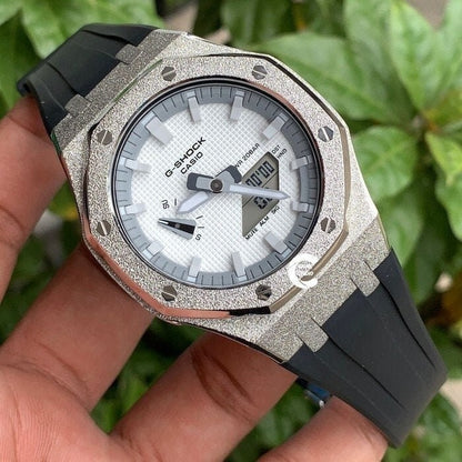 Casioak Mod Watch Frosted Silver Case Black Strap Gray White Time Mark White Dial 44mm  Men- Casioak Mod Casio G-Shock Royal Oak Custom Mens Luxury Watches Ga2100