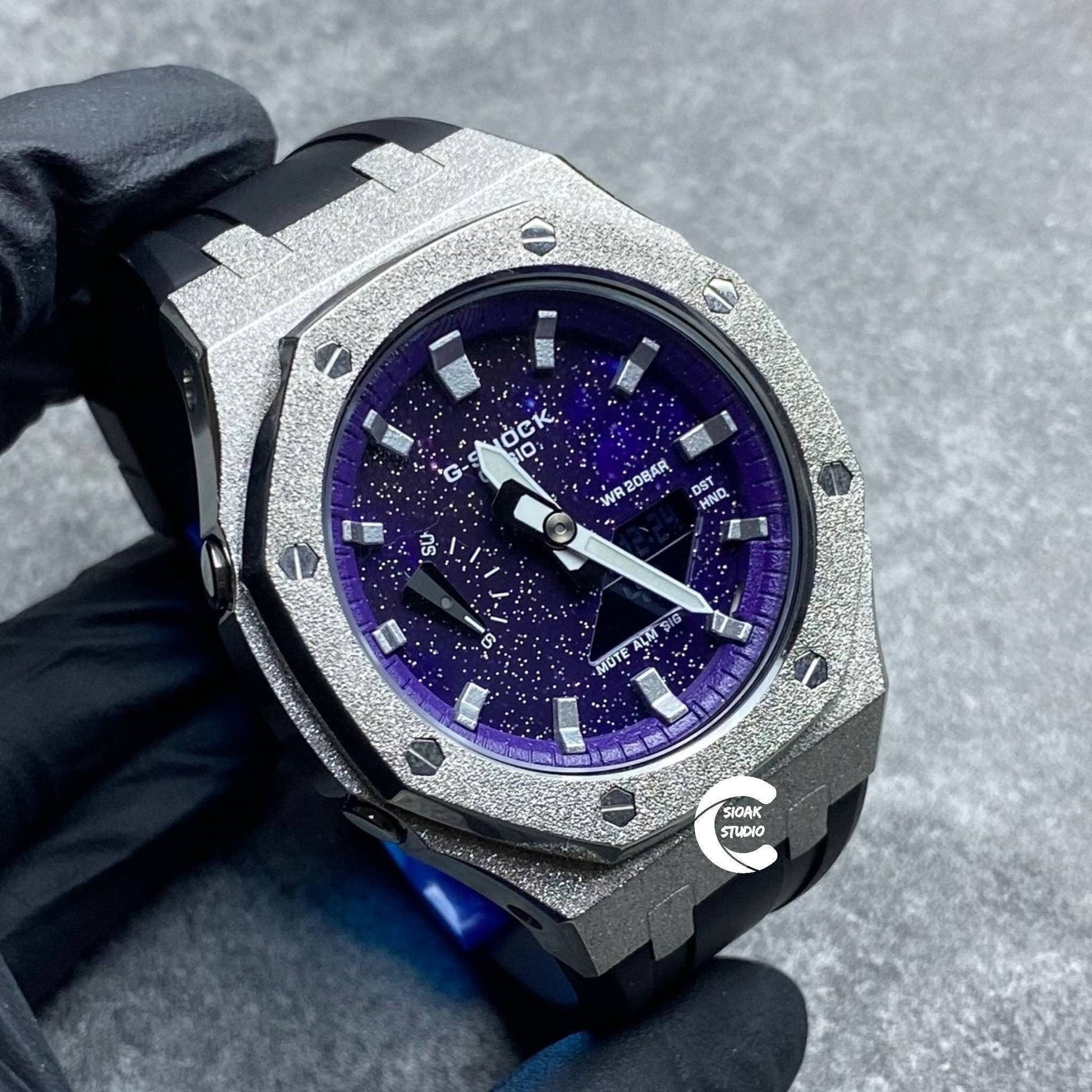 Casioak Mod Watch Frosted Silver Case Black Strap Purple Silver Time Mark Purple Dial 44mm- Casioak Mod Casio G-Shock Royal Oak Custom Mens Luxury Watches Ga2100