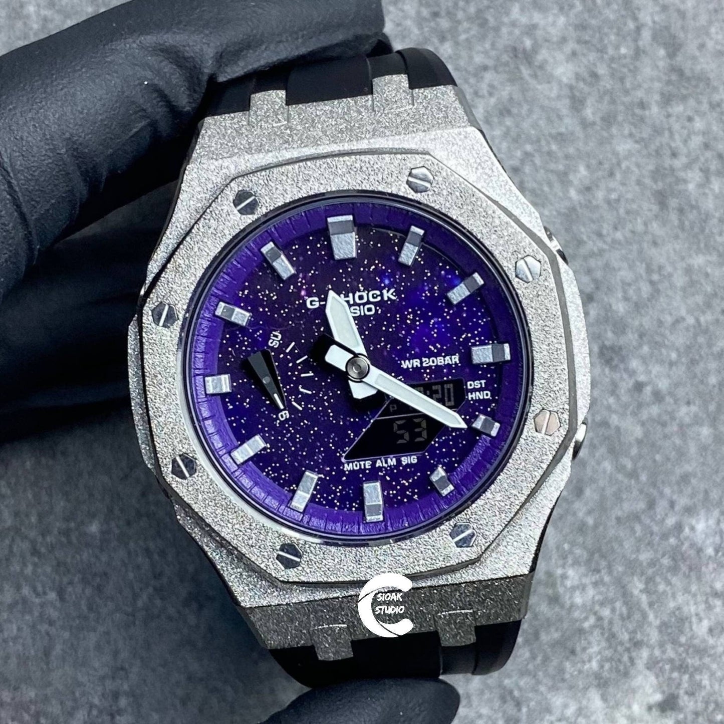 Casioak Mod Watch Frosted Silver Case Black Strap Purple Silver Time Mark Purple Dial 44mm- Casioak Mod Casio G-Shock Royal Oak Custom Mens Luxury Watches Ga2100