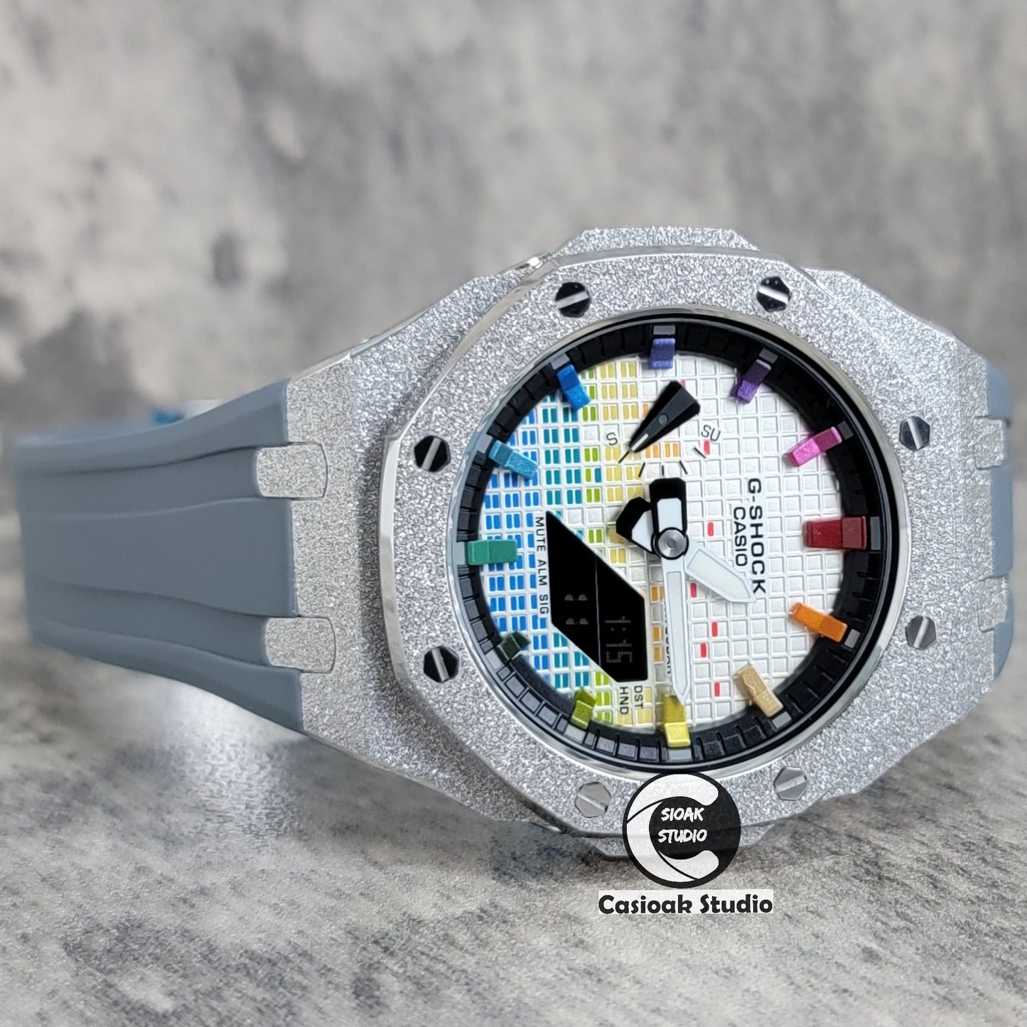 Casioak Mod Watch Frosted Silver Case Gray Strap Black Rainbow Time Mark Music Dial 44mm- Casioak Mod Casio G-Shock Royal Oak Custom Mens Luxury Watches Ga2100