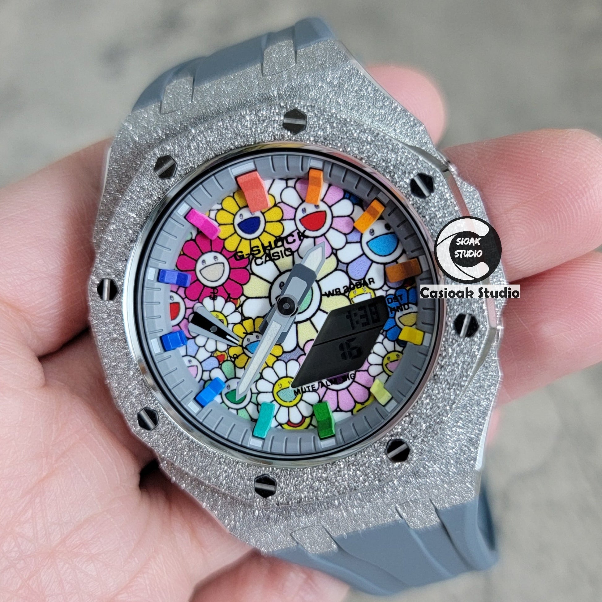 Casioak Mod Watch Frosted Silver Case Gray Strap Gray Rainbow Time Mark Takashi Murakami Dial 44mm- Casioak Mod Casio G-Shock Royal Oak Custom Mens Luxury Watches Ga2100