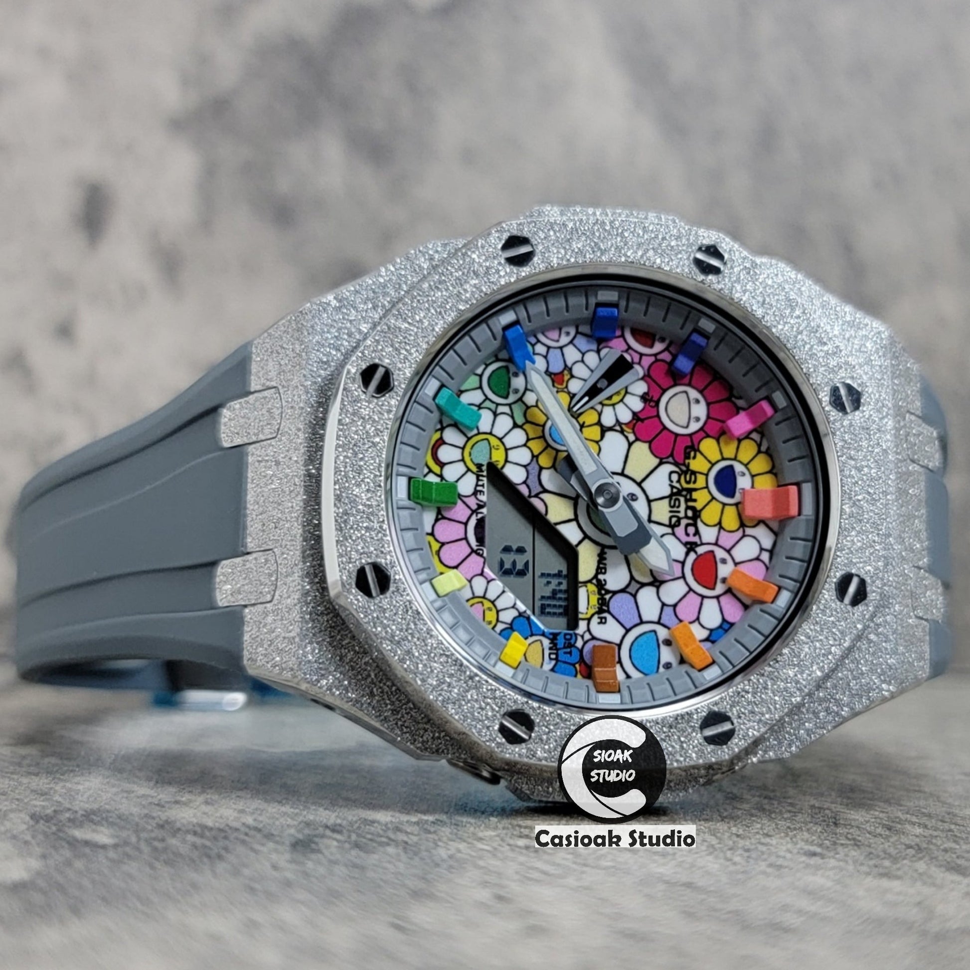 Casioak Mod Watch Frosted Silver Case Gray Strap Gray Rainbow Time Mark Takashi Murakami Dial 44mm- Casioak Mod Casio G-Shock Royal Oak Custom Mens Luxury Watches Ga2100