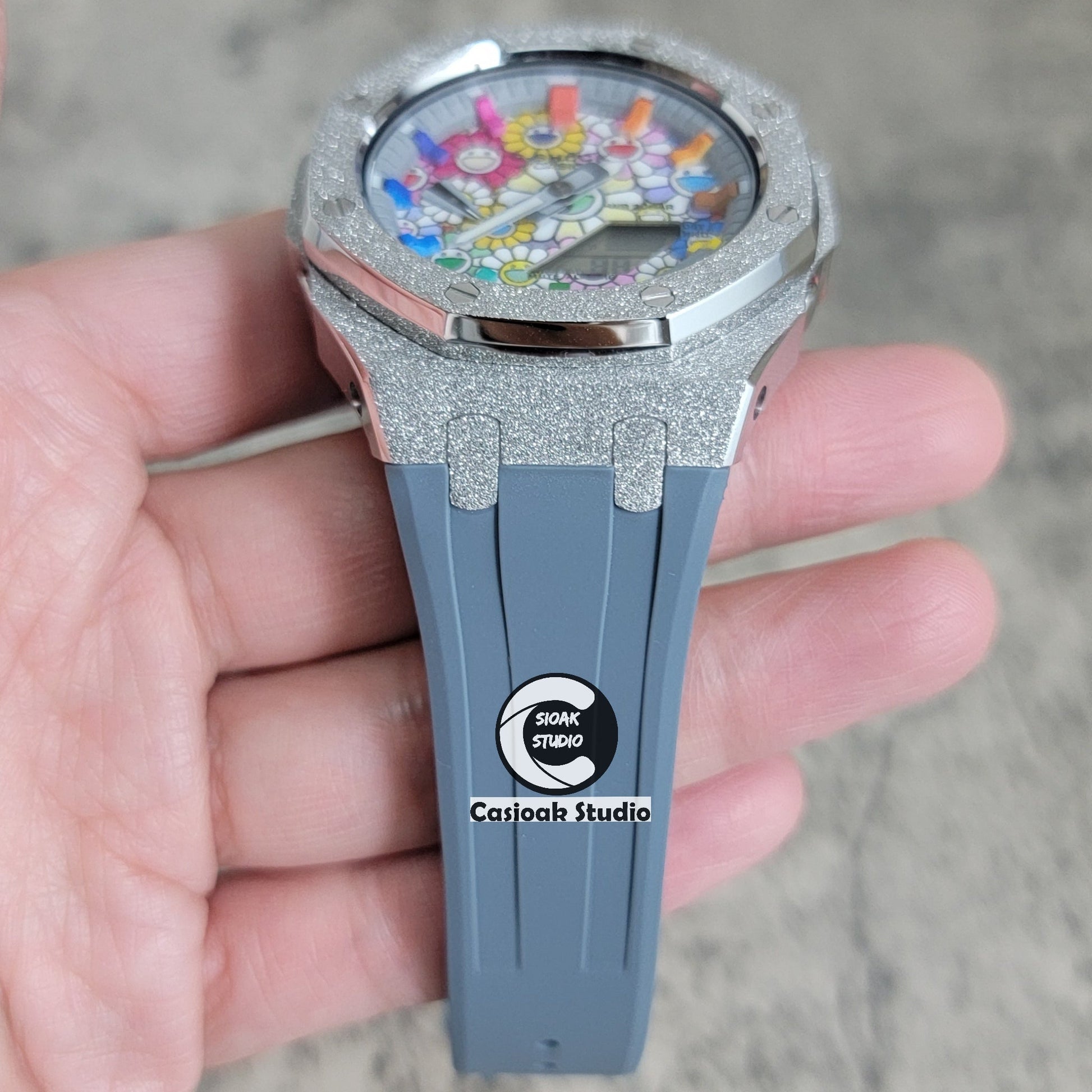 Casioak Mod Watch Frosted Silver Case Gray Strap Gray Rainbow Time Mark Takashi Murakami Dial 44mm- Casioak Mod Casio G-Shock Royal Oak Custom Mens Luxury Watches Ga2100