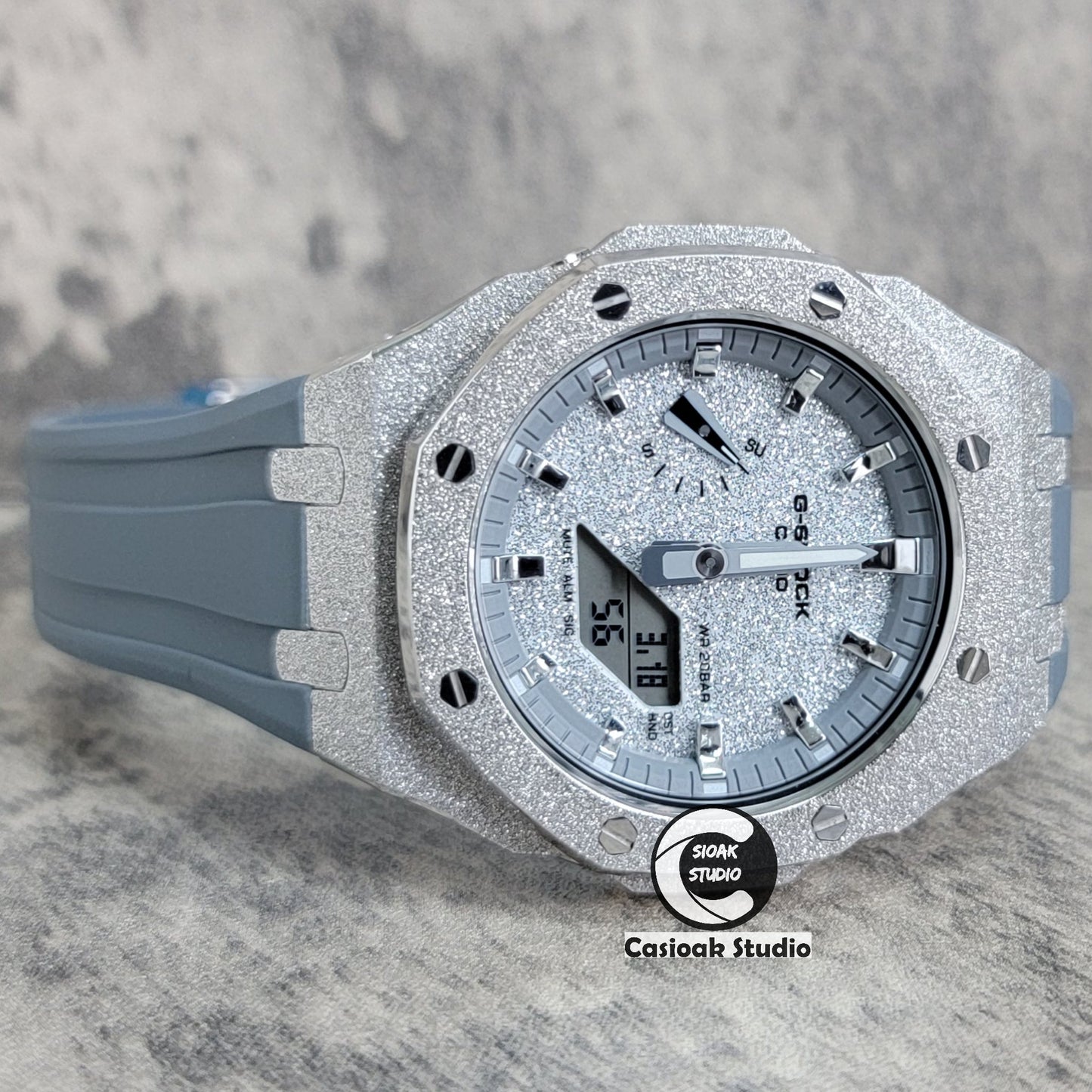 Casioak Mod Watch Frosted Silver Case Gray Strap Gray Silver Time Mark Starry Silver Dial 44mm- Casioak Mod Casio G-Shock Royal Oak Custom Mens Luxury Watches Ga2100