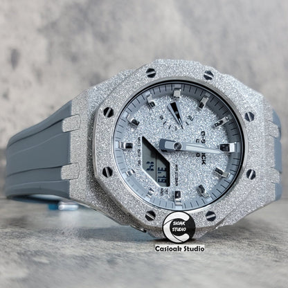 Casioak Mod Watch Frosted Silver Case Gray Strap Gray Silver Time Mark Starry Silver Dial 44mm- Casioak Mod Casio G-Shock Royal Oak Custom Mens Luxury Watches Ga2100