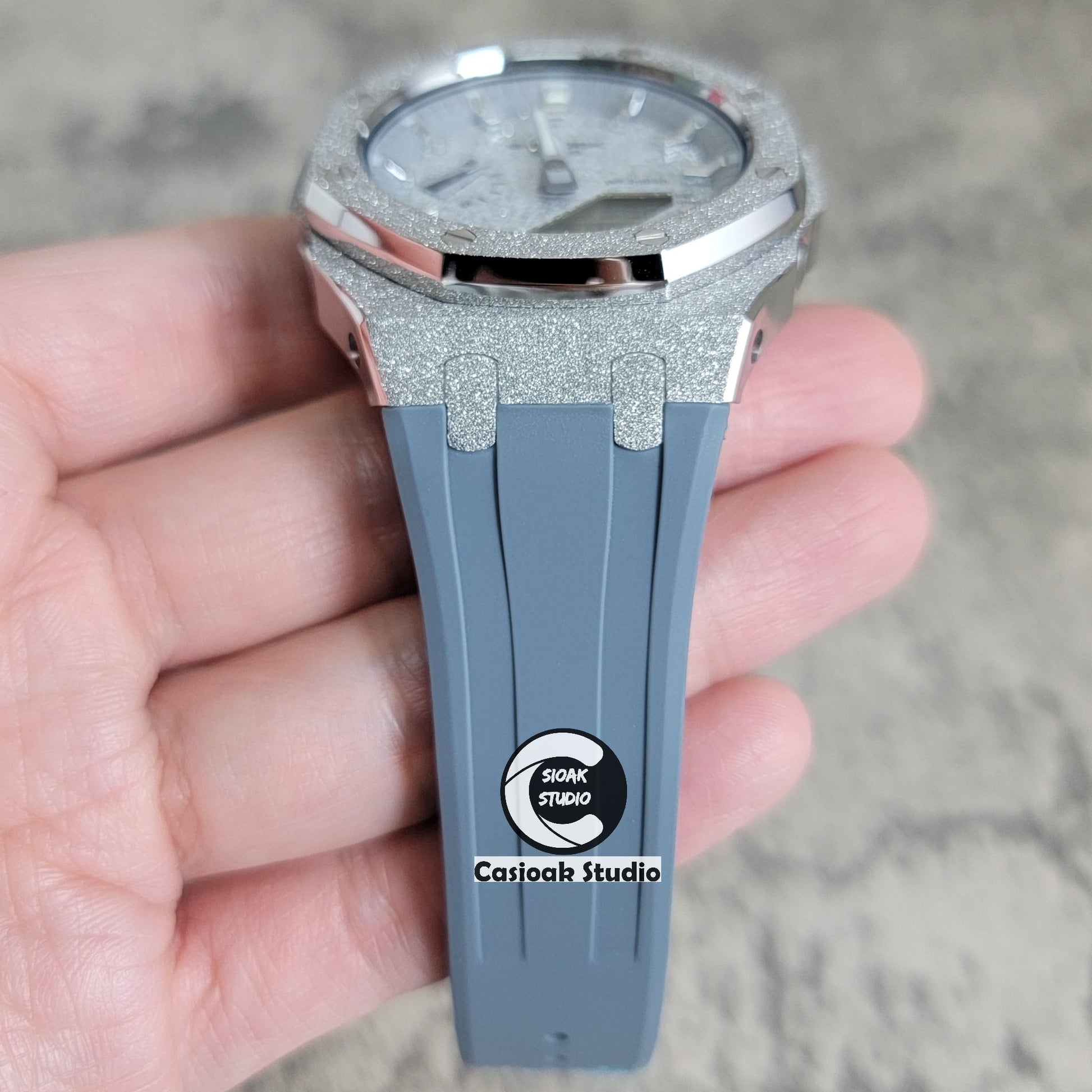 Casioak Mod Watch Frosted Silver Case Gray Strap Gray Silver Time Mark Starry Silver Dial 44mm- Casioak Mod Casio G-Shock Royal Oak Custom Mens Luxury Watches Ga2100