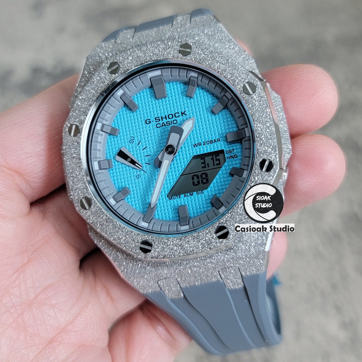 Casioak Mod Watch Frosted Silver Case Gray Strap Gray Time Mark Tiff Blue Dial 44mm- Casioak Mod Casio G-Shock Royal Oak Custom Mens Luxury Watches Ga2100