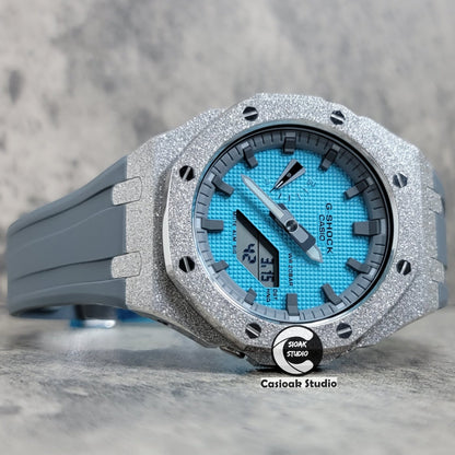 Casioak Mod Watch Frosted Silver Case Gray Strap Gray Time Mark Tiff Blue Dial 44mm- Casioak Mod Casio G-Shock Royal Oak Custom Mens Luxury Watches Ga2100