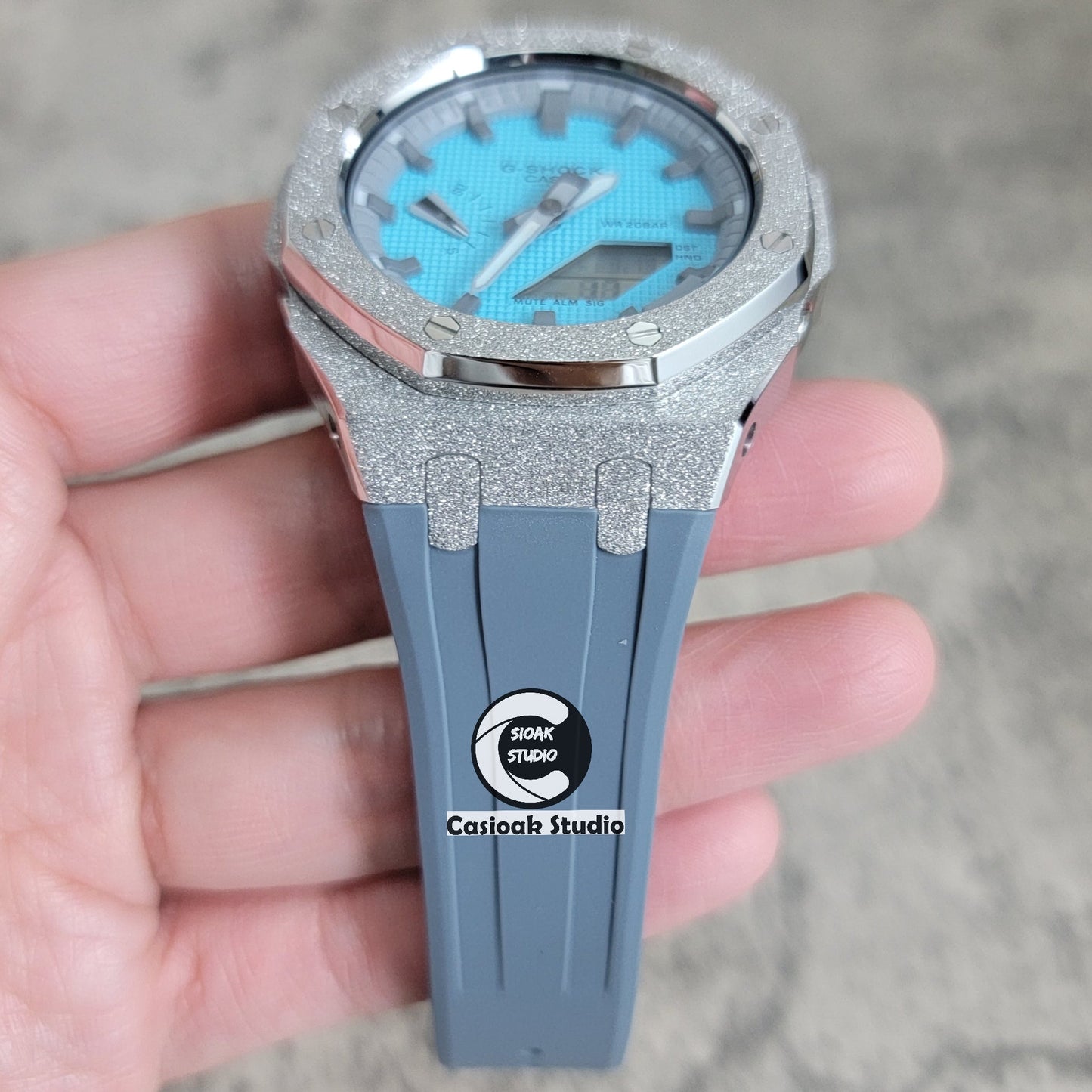 Casioak Mod Watch Frosted Silver Case Gray Strap Gray Time Mark Tiff Blue Dial 44mm- Casioak Mod Casio G-Shock Royal Oak Custom Mens Luxury Watches Ga2100