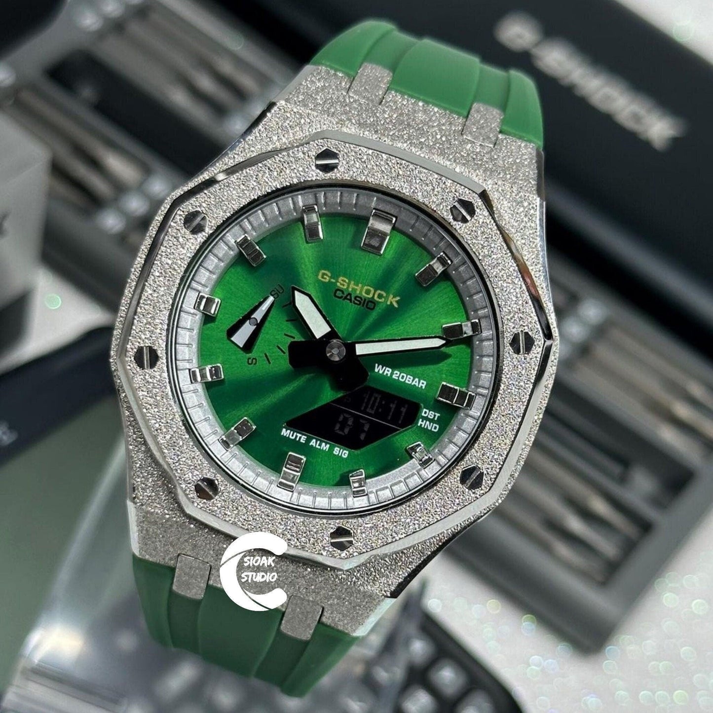 Casioak Mod Watch Frosted Silver Case Green Strap Silver Time Mark Green Dial 44mm  Men- Casioak Mod Casio G-Shock Royal Oak Custom Mens Luxury Watches Ga2100