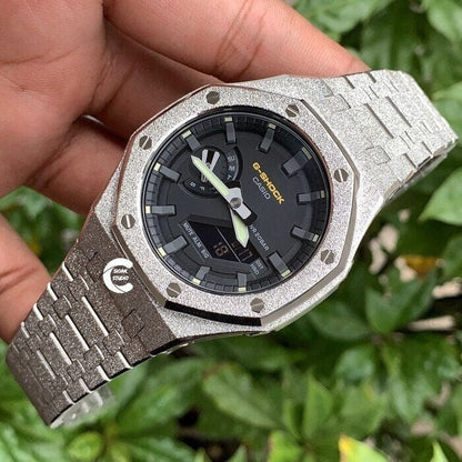 Casioak Mod Watch Frosted Silver Case Metal Strap Black Gray Time Mark Black Dial 44mm- Casioak Mod Casio G-Shock Royal Oak Custom Mens Luxury Watches Ga2100