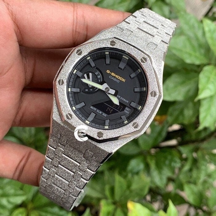 Casioak Mod Watch Frosted Silver Case Metal Strap Black Gray Time Mark Black Dial 44mm- Casioak Mod Casio G-Shock Royal Oak Custom Mens Luxury Watches Ga2100