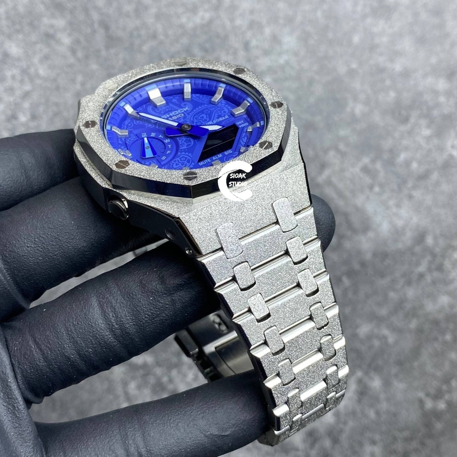 Casioak Mod Watch Frosted Silver Case Metal Strap Blue Silver Time Mark Blue Dial 44mm- Casioak Mod Casio G-Shock Royal Oak Custom Mens Luxury Watches Ga2100