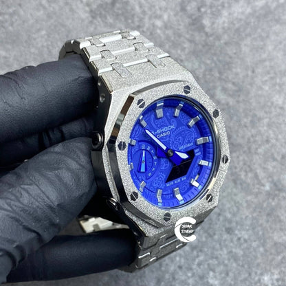 Casioak Mod Watch Frosted Silver Case Metal Strap Blue Silver Time Mark Blue Dial 44mm- Casioak Mod Casio G-Shock Royal Oak Custom Mens Luxury Watches Ga2100