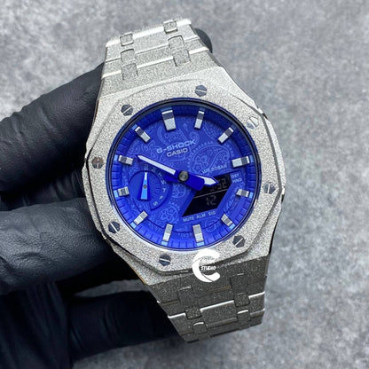 Casioak Mod Watch Frosted Silver Case Metal Strap Blue Silver Time Mark Blue Dial 44mm- Casioak Mod Casio G-Shock Royal Oak Custom Mens Luxury Watches Ga2100