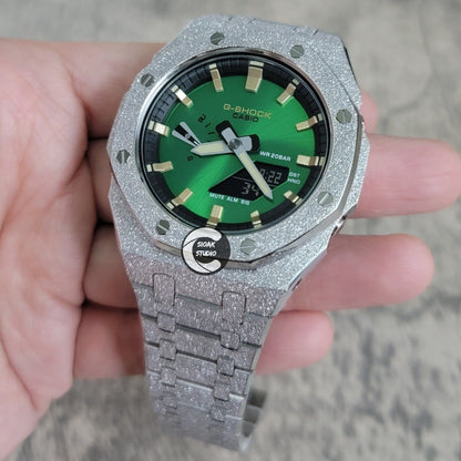 Casioak Mod Watch Frosted Silver Case Metal Strap Gold Time Mark Green Dial 44mm- Casioak Mod Casio G-Shock Royal Oak Custom Mens Luxury Watches Ga2100