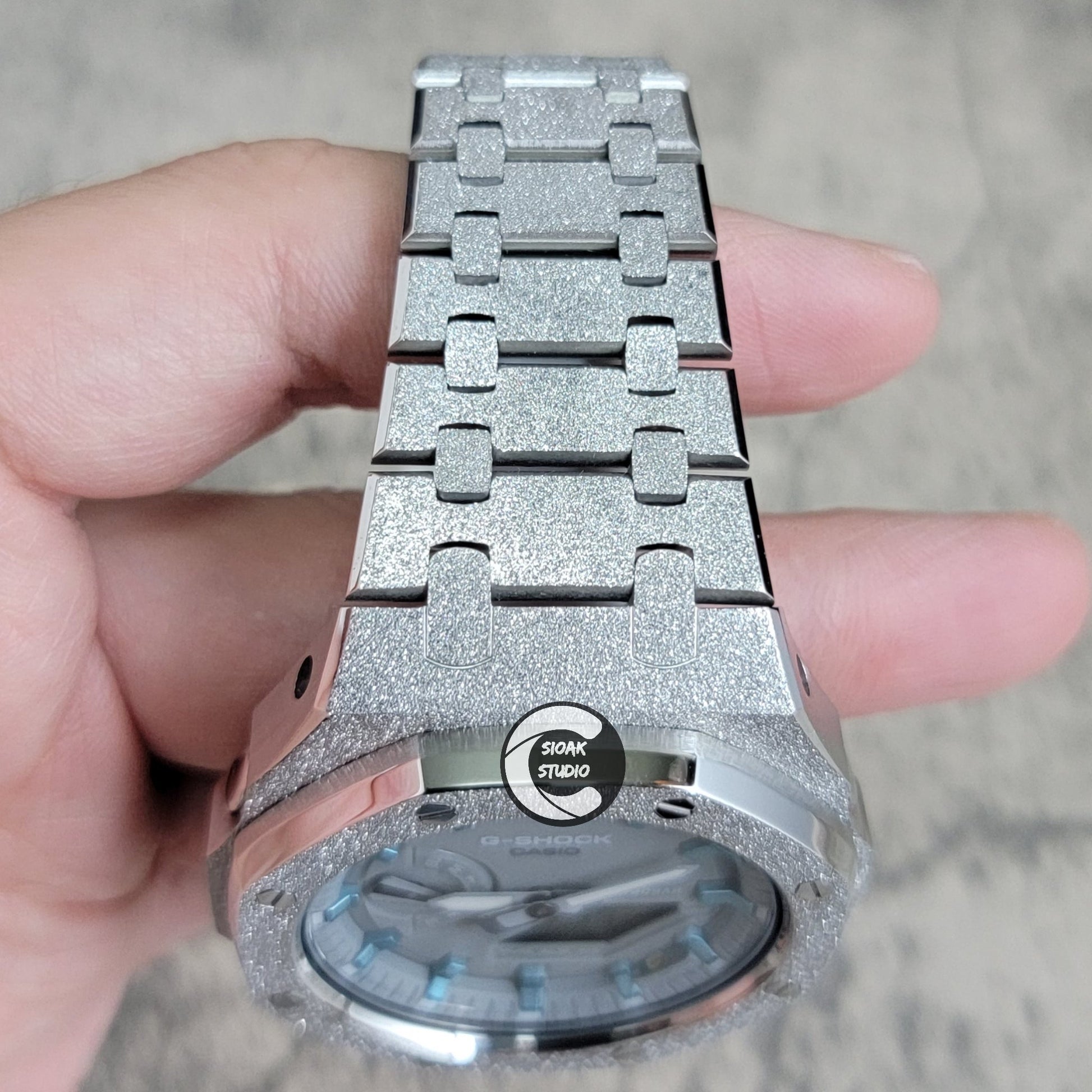 Casioak Mod Watch Frosted Silver Case Metal Strap Gray Blue Time Mark Gray Dial 44mm- Casioak Mod Casio G-Shock Royal Oak Custom Mens Luxury Watches Ga2100