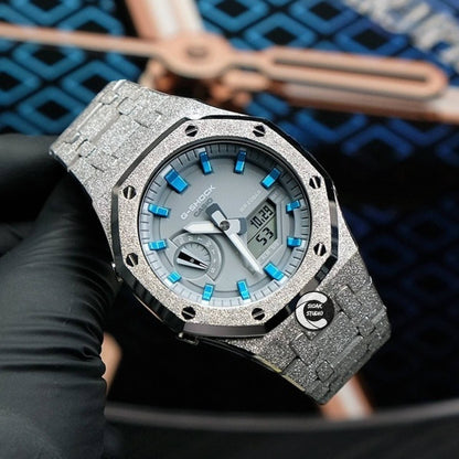 Casioak Mod Watch Frosted Silver Case Metal Strap Gray Blue Time Mark Gray Dial 44mm Gray- Casioak Mod Casio G-Shock Royal Oak Custom Mens Luxury Watches Ga2100