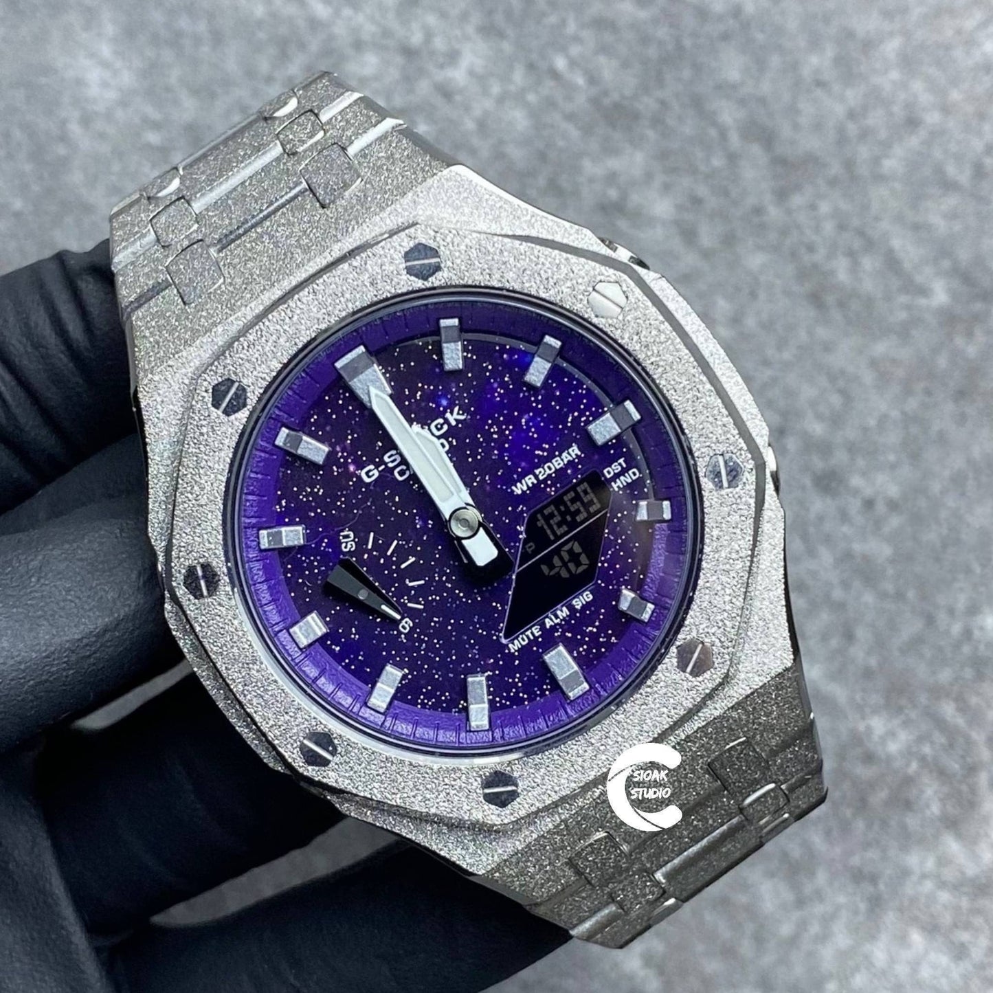 Casioak Mod Watch Frosted Silver Case Metal Strap Purple Silver Time Mark Purple Dial 44mm- Casioak Mod Casio G-Shock Royal Oak Custom Mens Luxury Watches Ga2100