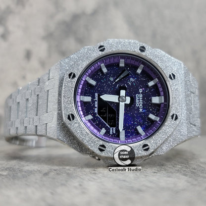 Casioak Mod Watch Frosted Silver Case Metal Strap Purple Silver Time Mark Purple Dial 44mm- Casioak Mod Casio G-Shock Royal Oak Custom Mens Luxury Watches Ga2100