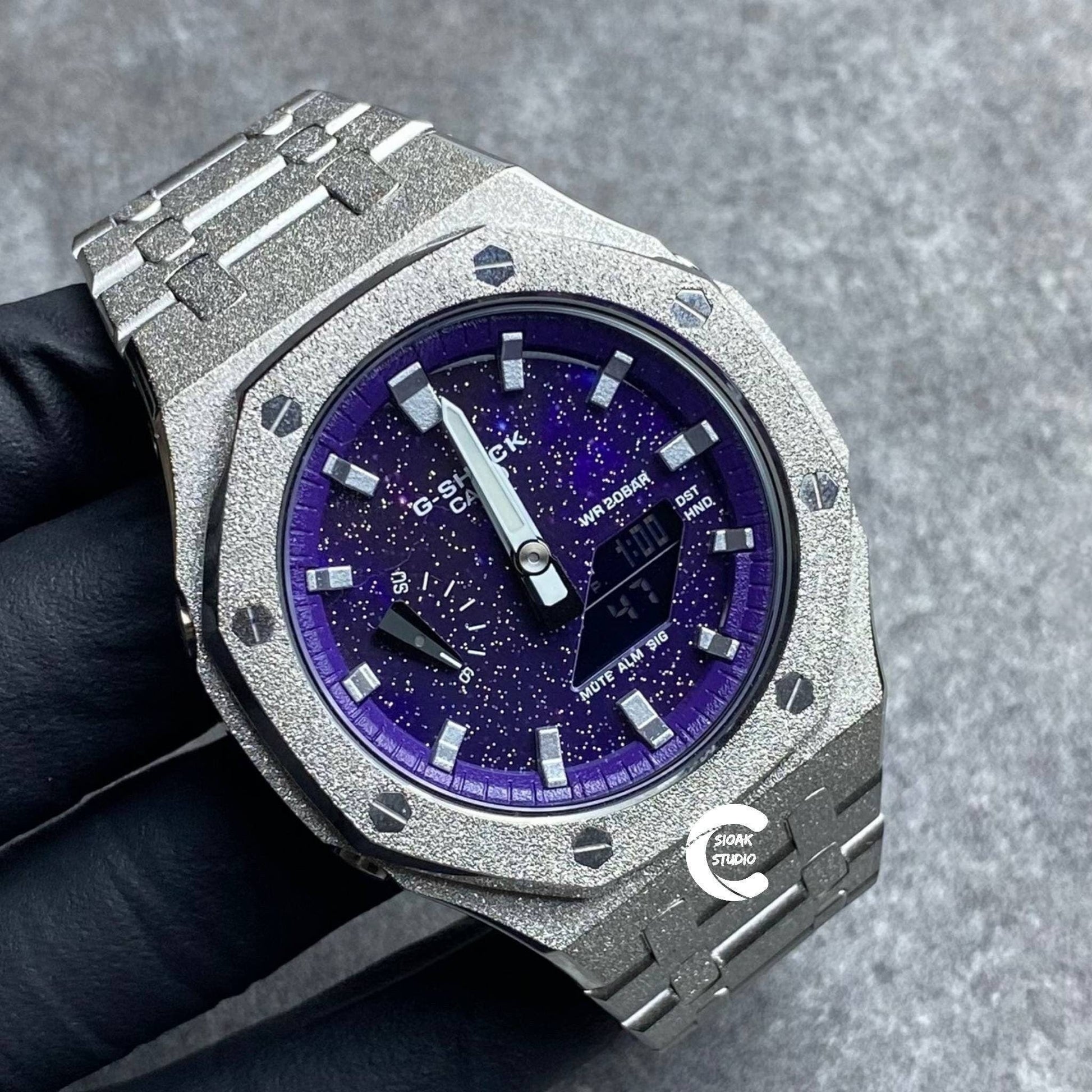 Casioak Mod Watch Frosted Silver Case Metal Strap Purple Silver Time Mark Purple Dial 44mm- Casioak Mod Casio G-Shock Royal Oak Custom Mens Luxury Watches Ga2100