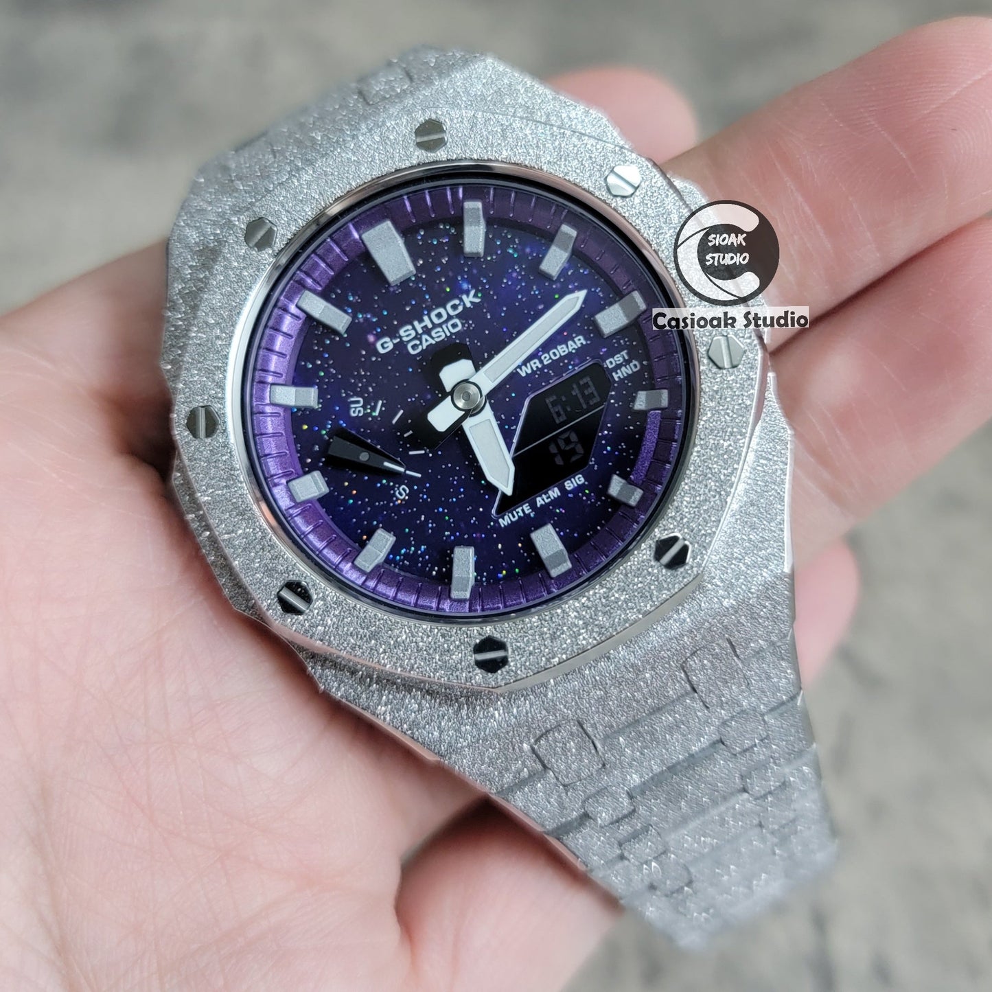 Casioak Mod Watch Frosted Silver Case Metal Strap Purple Silver Time Mark Purple Dial 44mm- Casioak Mod Casio G-Shock Royal Oak Custom Mens Luxury Watches Ga2100