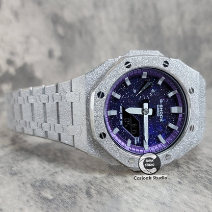 Casioak Mod Watch Frosted Silver Case Metal Strap Purple Silver Time Mark Purple Dial 44mm- Casioak Mod Casio G-Shock Royal Oak Custom Mens Luxury Watches Ga2100