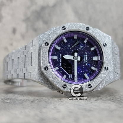 Casioak Mod Watch Frosted Silver Case Metal Strap Purple Silver Time Mark Purple Dial 44mm- Casioak Mod Casio G-Shock Royal Oak Custom Mens Luxury Watches Ga2100