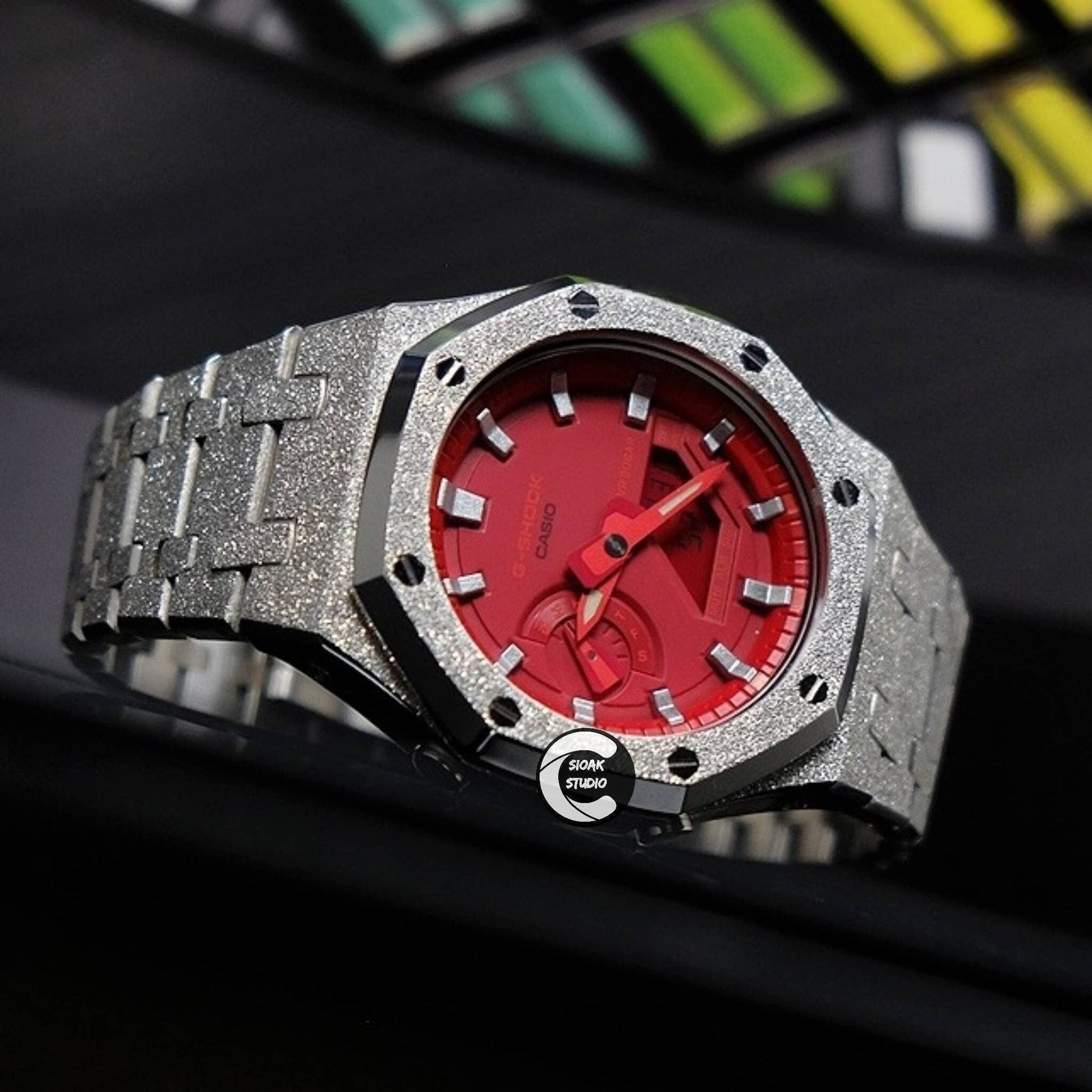 Casioak Mod Watch Frosted Silver Case Metal Strap Red Silver Time Mark Red Dial 44mm- Casioak Mod Casio G-Shock Royal Oak Custom Mens Luxury Watches Ga2100