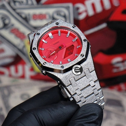 Casioak Mod Watch Frosted Silver Case Metal Strap Red Silver Time Mark Red Dial 44mm- Casioak Mod Casio G-Shock Royal Oak Custom Mens Luxury Watches Ga2100