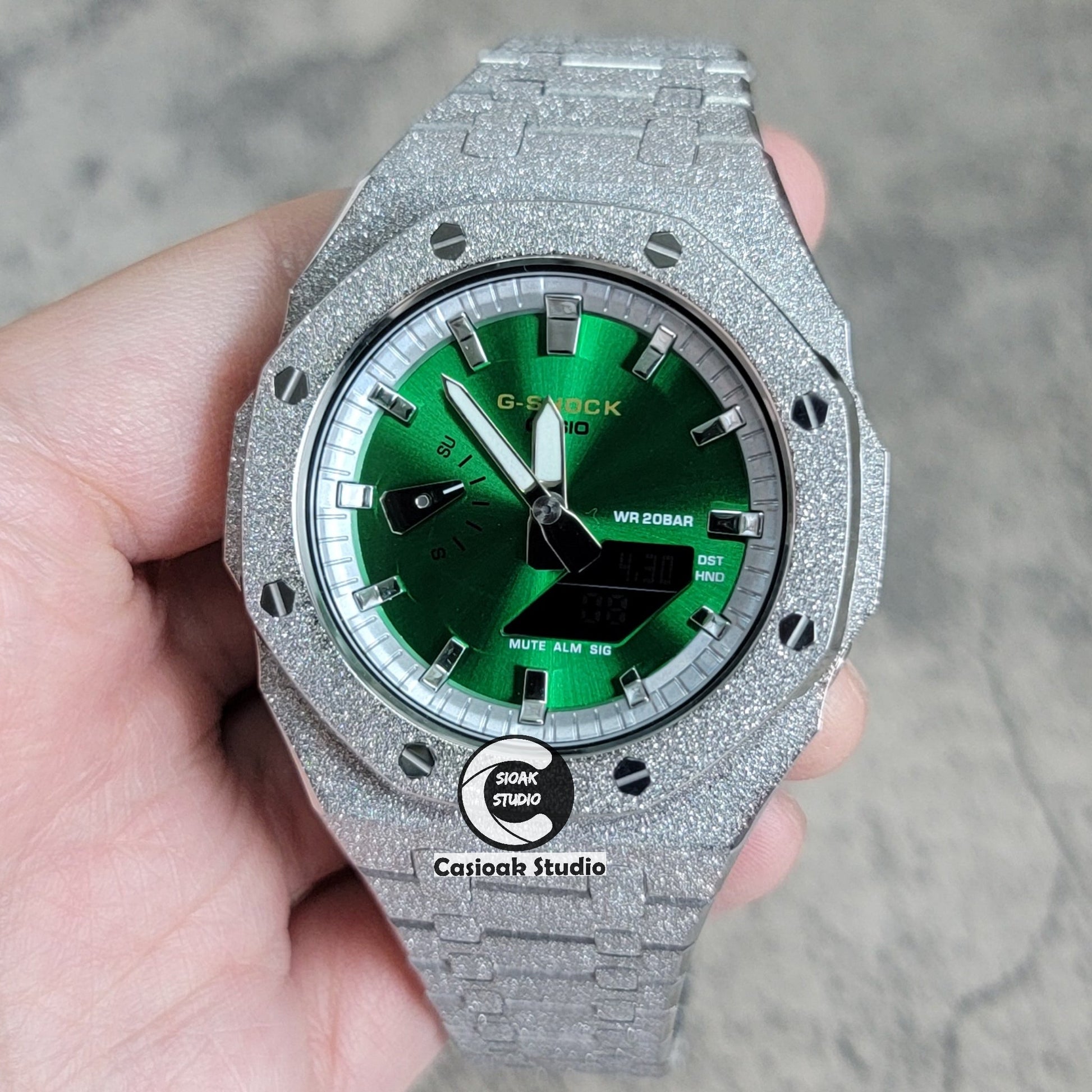 Casioak Mod Watch Frosted Silver Case Metal Strap Silver Time Mark Green Dial 44mm- Casioak Mod Casio G-Shock Royal Oak Custom Mens Luxury Watches Ga2100