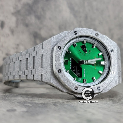 Casioak Mod Watch Frosted Silver Case Metal Strap Silver Time Mark Green Dial 44mm- Casioak Mod Casio G-Shock Royal Oak Custom Mens Luxury Watches Ga2100