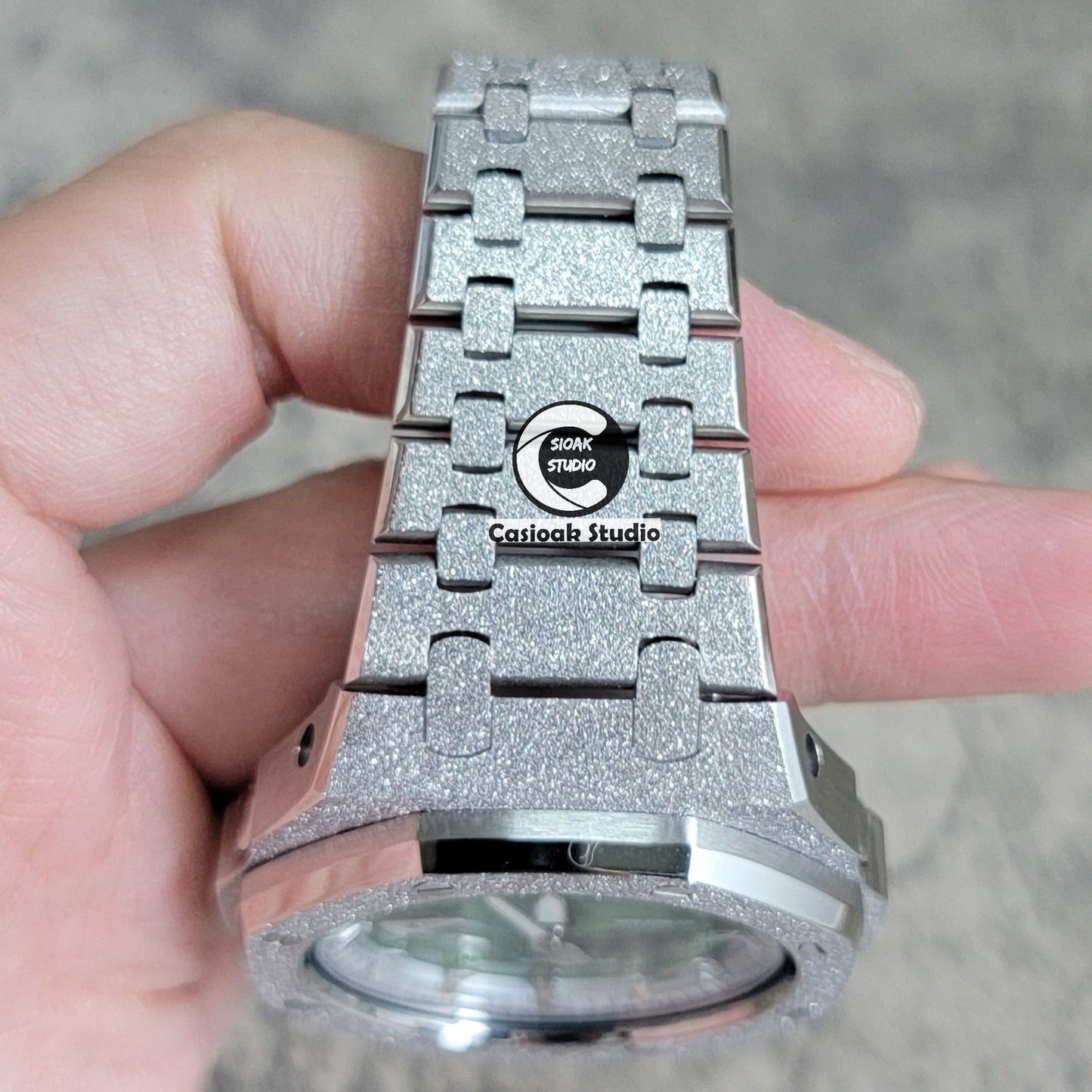 Casioak Mod Watch Frosted Silver Case Metal Strap Silver Time Mark Green Dial 44mm- Casioak Mod Casio G-Shock Royal Oak Custom Mens Luxury Watches Ga2100