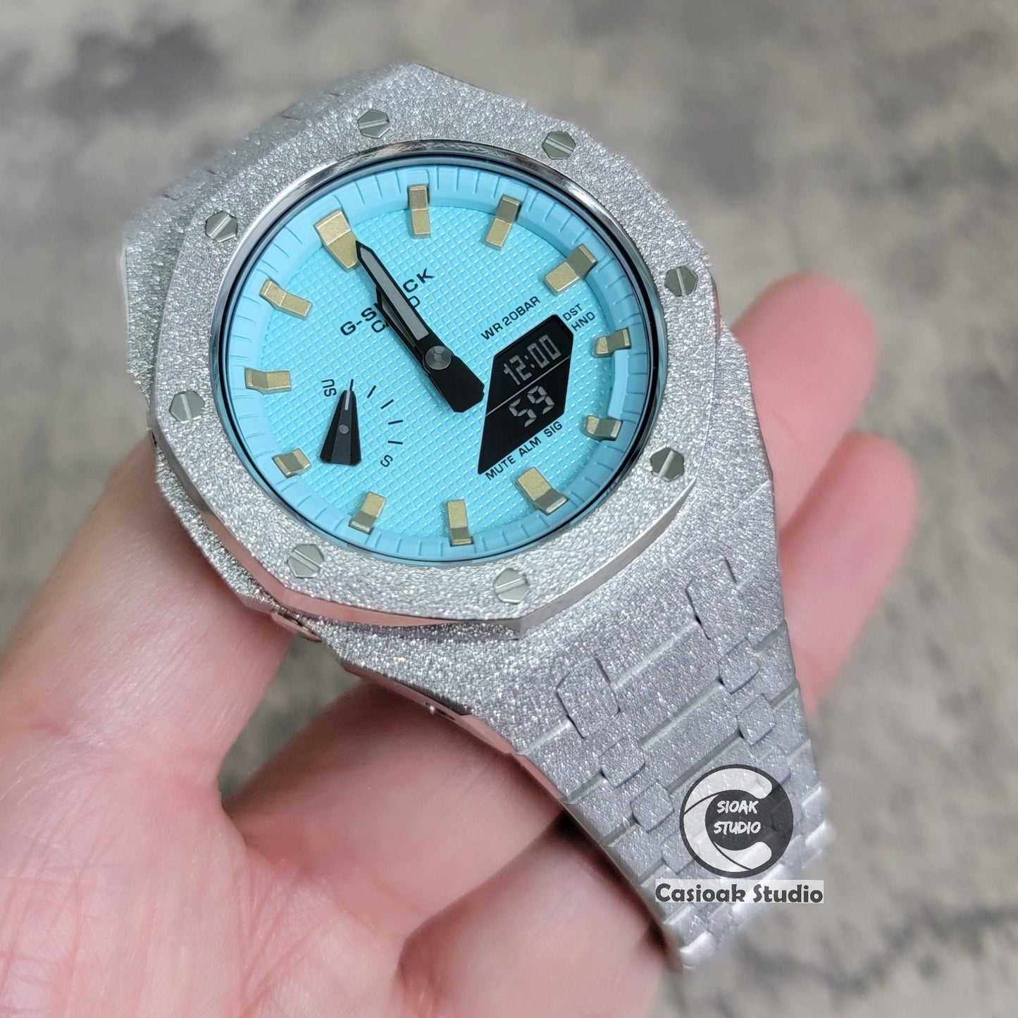 Casioak Mod Watch Frosted Silver Case Metal Strap Tiff Gold Time Mark Tiff Blue Dial 44mm- Casioak Mod Casio G-Shock Royal Oak Custom Mens Luxury Watches Ga2100