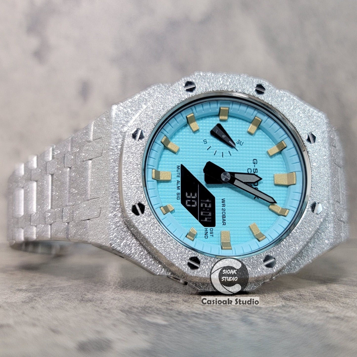 Casioak Mod Watch Frosted Silver Case Metal Strap Tiff Gold Time Mark Tiff Blue Dial 44mm- Casioak Mod Casio G-Shock Royal Oak Custom Mens Luxury Watches Ga2100